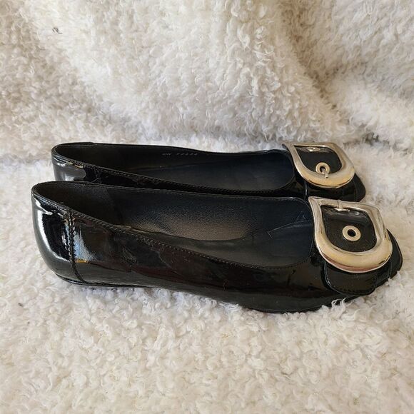Stuart Weitzman Patent Peep-toe Buckle Flats - Picture 1 of 10